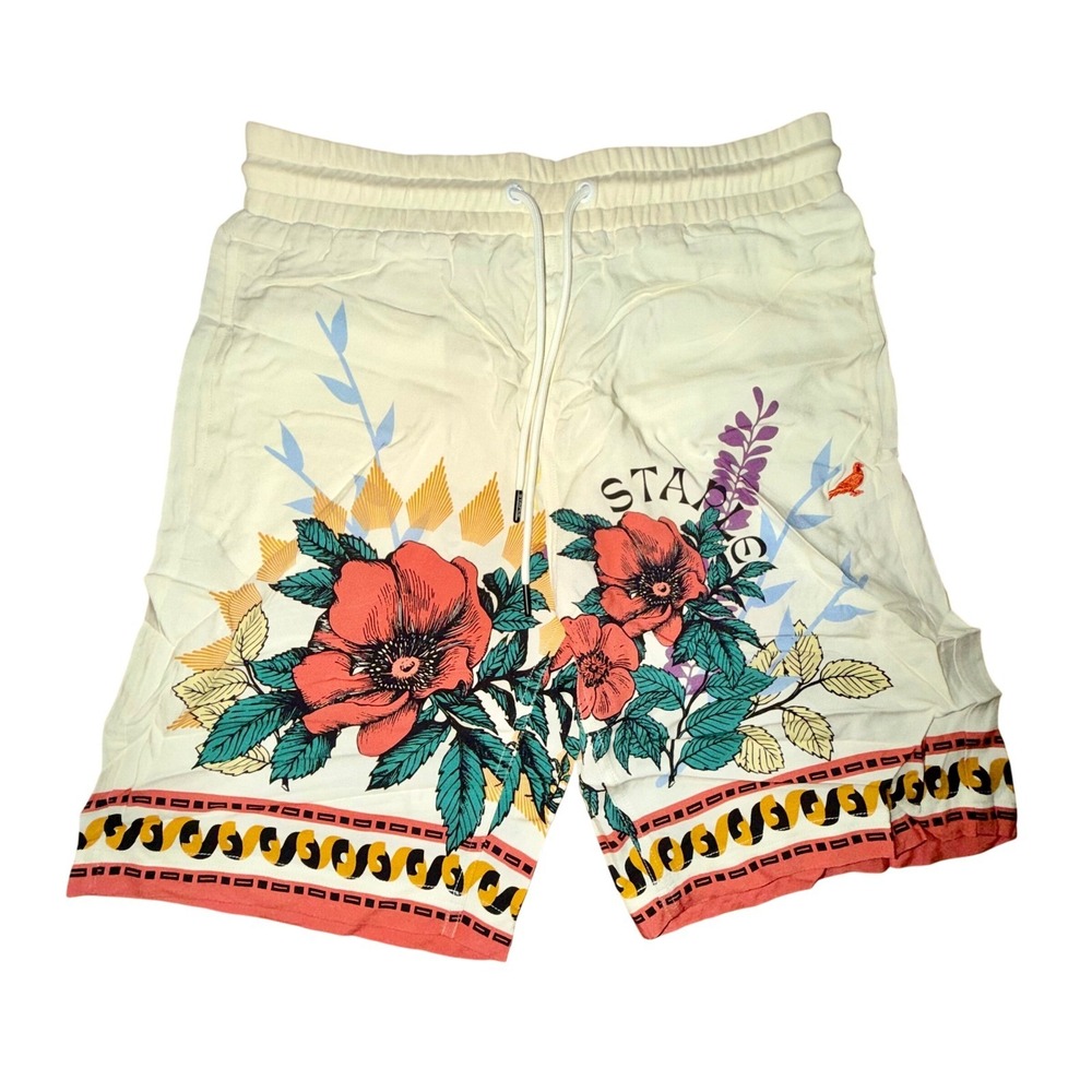 Staple Floral Drawstring Shorts Mens Medium Casual Cream Graphic‎ Print, Size M